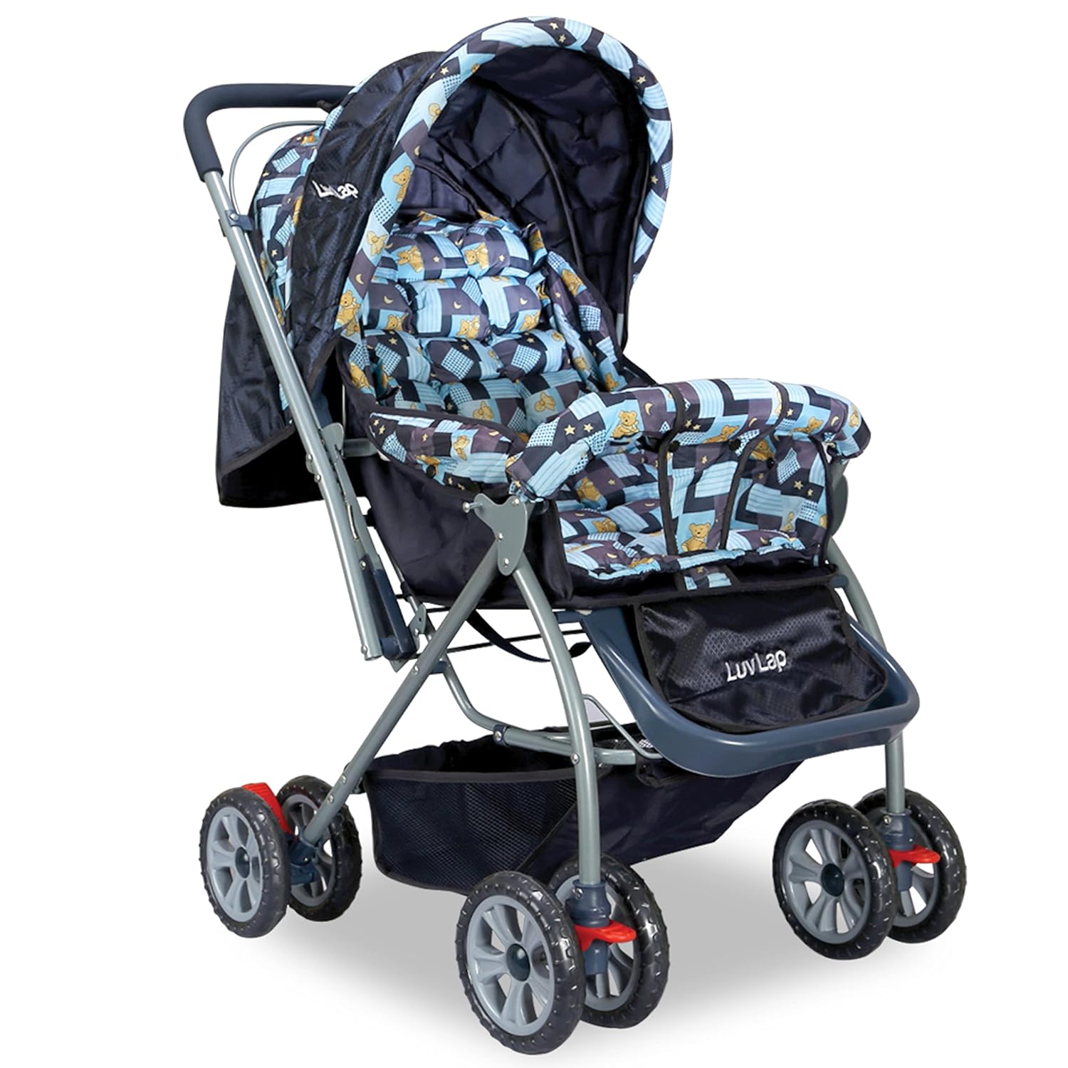 Black LuvLap Starshine baby pram with an adjustable canopy for sun protection, comfortable padded seating, and convenient storage, ideal for everyday use. www.usmile.toys